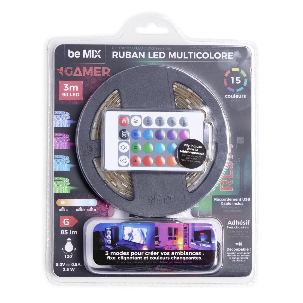 Ruban LED 15 couleurs avec télécommande 3m