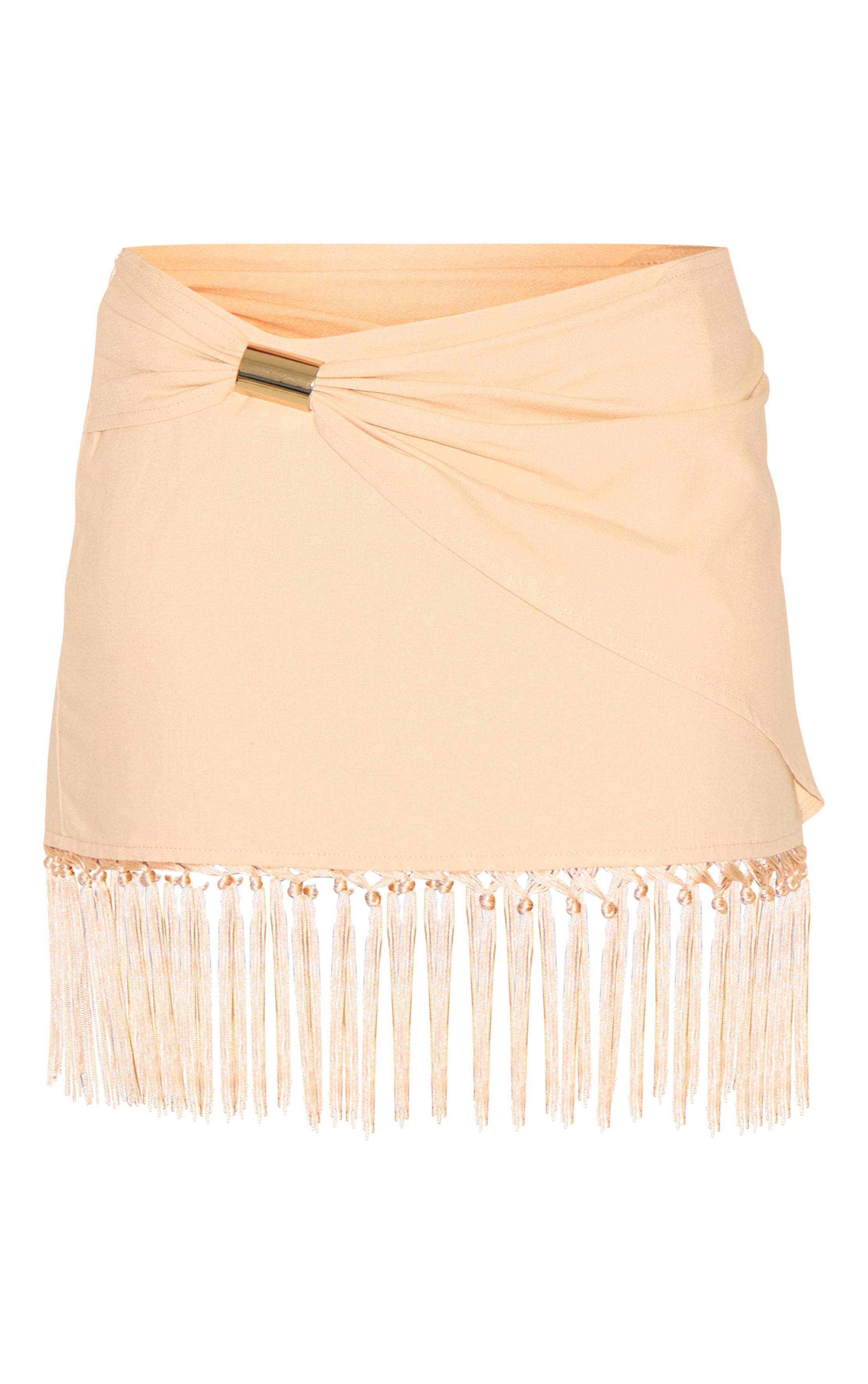 Beige Mini-jupe En Lin À Bordure Dorée Et Ourlet À Pompons
