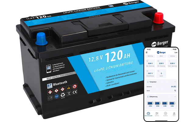 Berger LiFePO4 Lithium Batterie 120 Ah 12V mit Bluetooth (mit & ohne Heizung)
