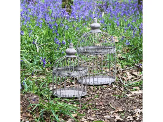 Set de 2 cages à oiseaux bougeoir en métal gris Ht.46.5-33.5 cm