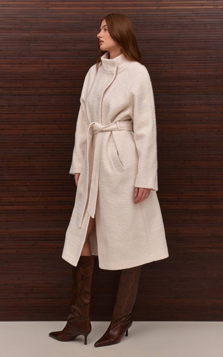 Crème Manteau Long Effet Laine Col Montant Avec Ceinture À Nouer