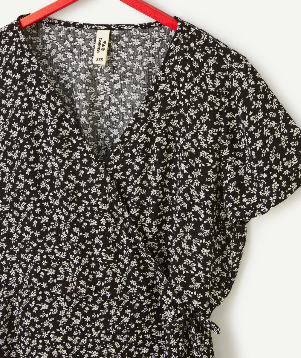 ROBE MANCHES COURTES FILLE EN VISCOSE RESPONSABLE NOIRE AVEC IMPRIMÉ FLEURI