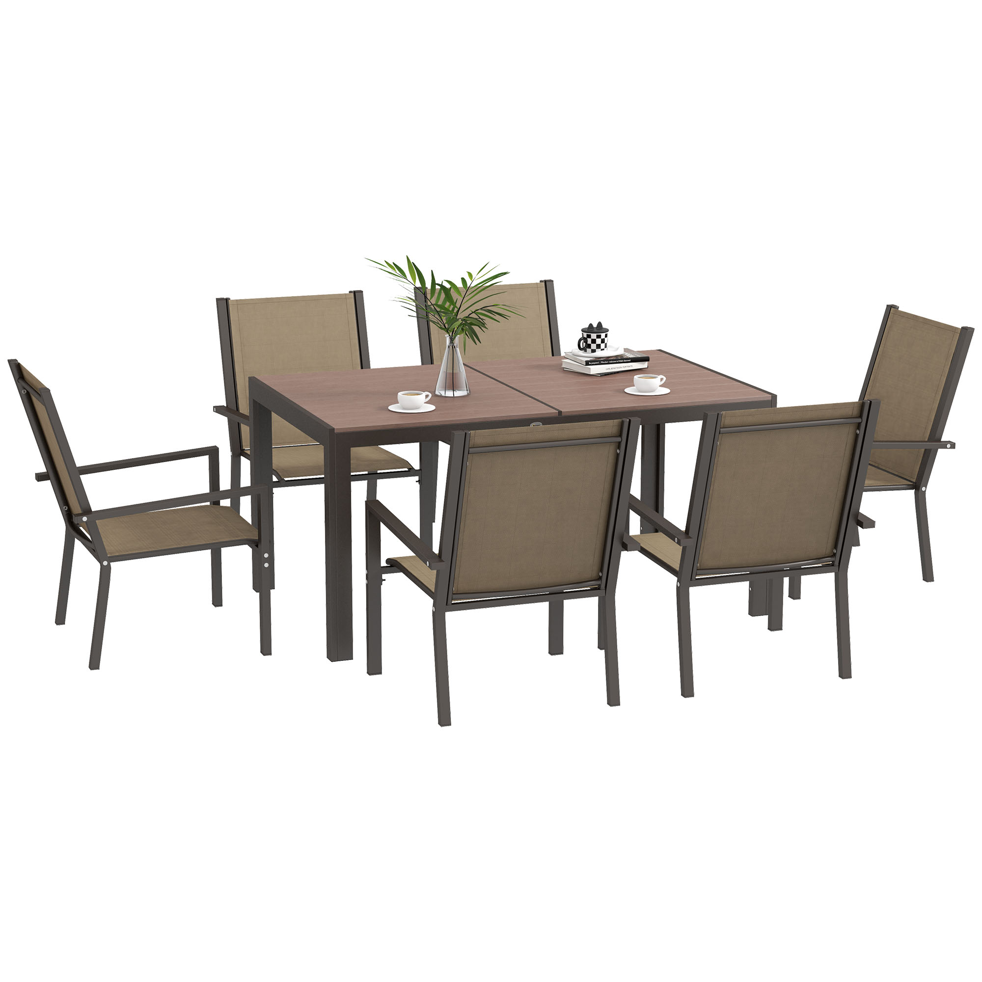 Conjunto de jantar para exterior Outsunny de 7 peças, mesa e 6 cadeiras de jardim empilháveis com estrutura de aço para pátio ou terraço, cor cáqui.