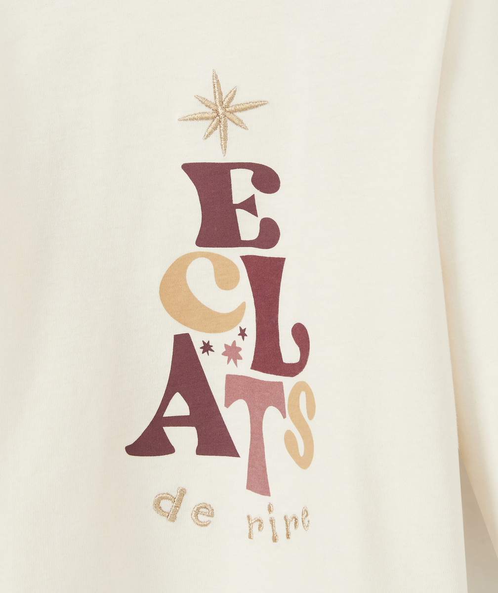T-SHIRT BÉBÉ FILLE EN COTON BIO ÉCRU AVEC ÉTOILES COULEUR DORÉE ET MESSAGE