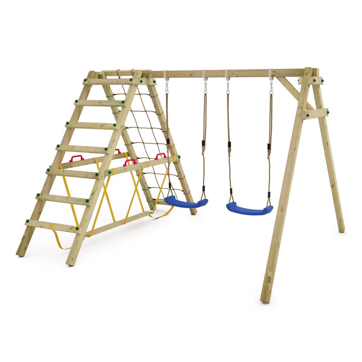 WICKEY Kinderschommelset Smart Hike, Schommel met Klimrek en Evenwichtsbalk, Dubbele Schommel, Houten Schommel - Blauw
