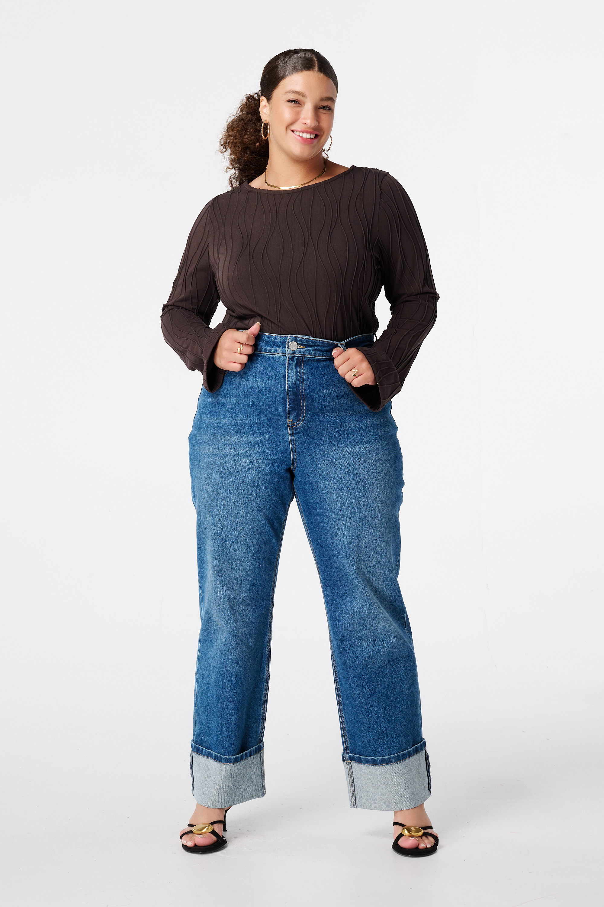Wide leg jeans met omslag Stonewash Denim