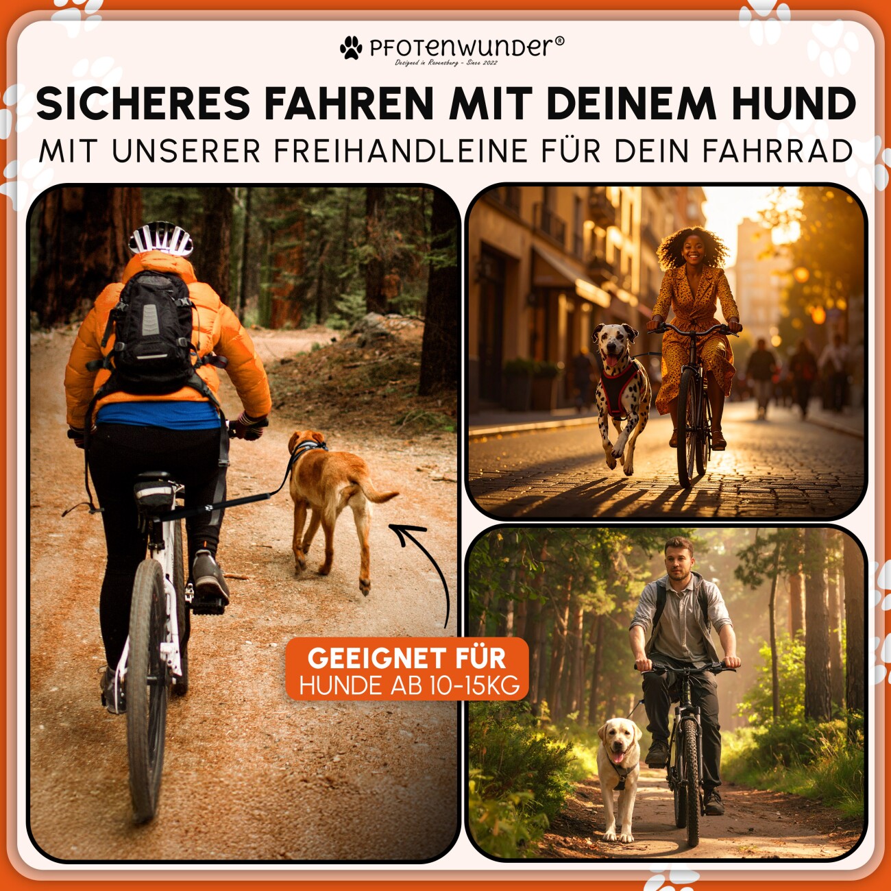 PfotenWunder® Freihandleine Fahrrad für Hunde + 1 elastische Leine & 1 Trainingsbuch, extra dicke 6mm-Leine | Abstandhalter Fahrradhalter aus hochwertige Karbonfasern mit Stoßdämpfern