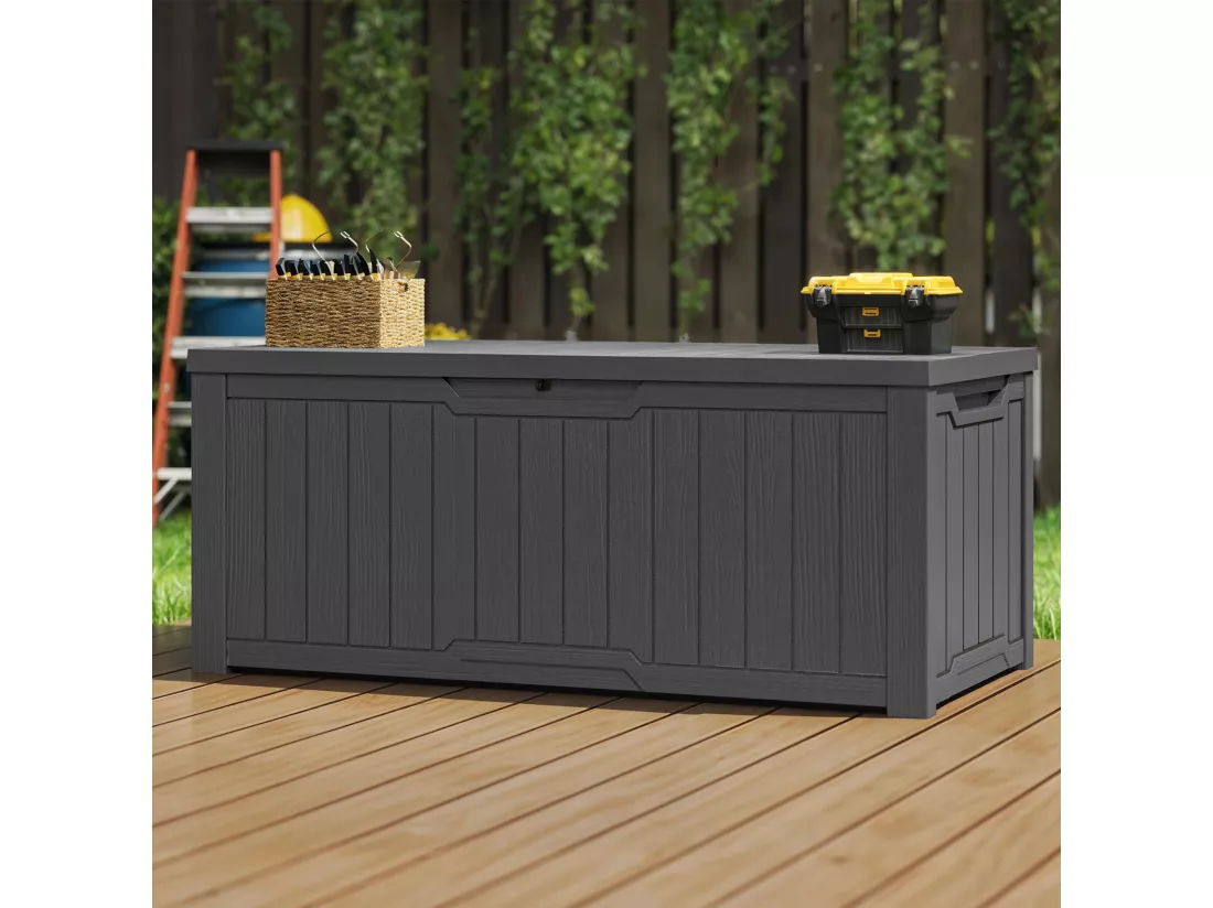 YITAHOME Boîte de Rangement d'Extérieur - Verrouillable - Coffre de Jardin - 142 x 67 x 69 cm - Table Polyvalente - Gris Foncé