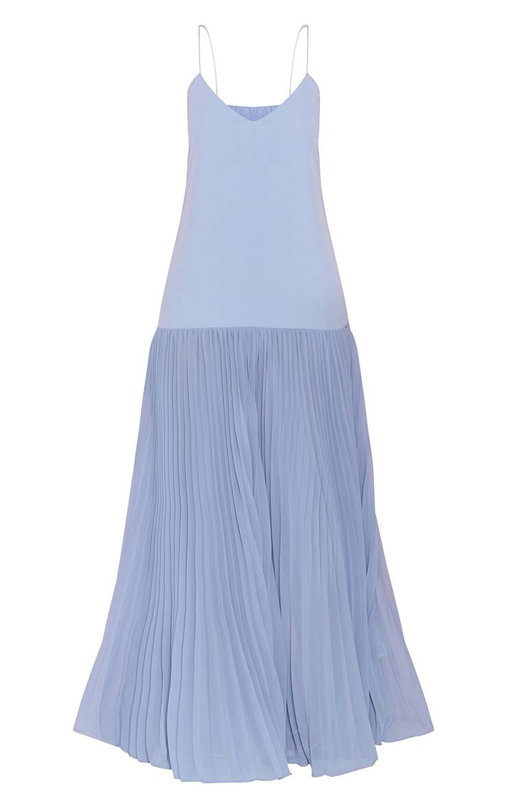 Bleu Clair Robe Longue Plissée À Taille Basse Et Bretelles Fines