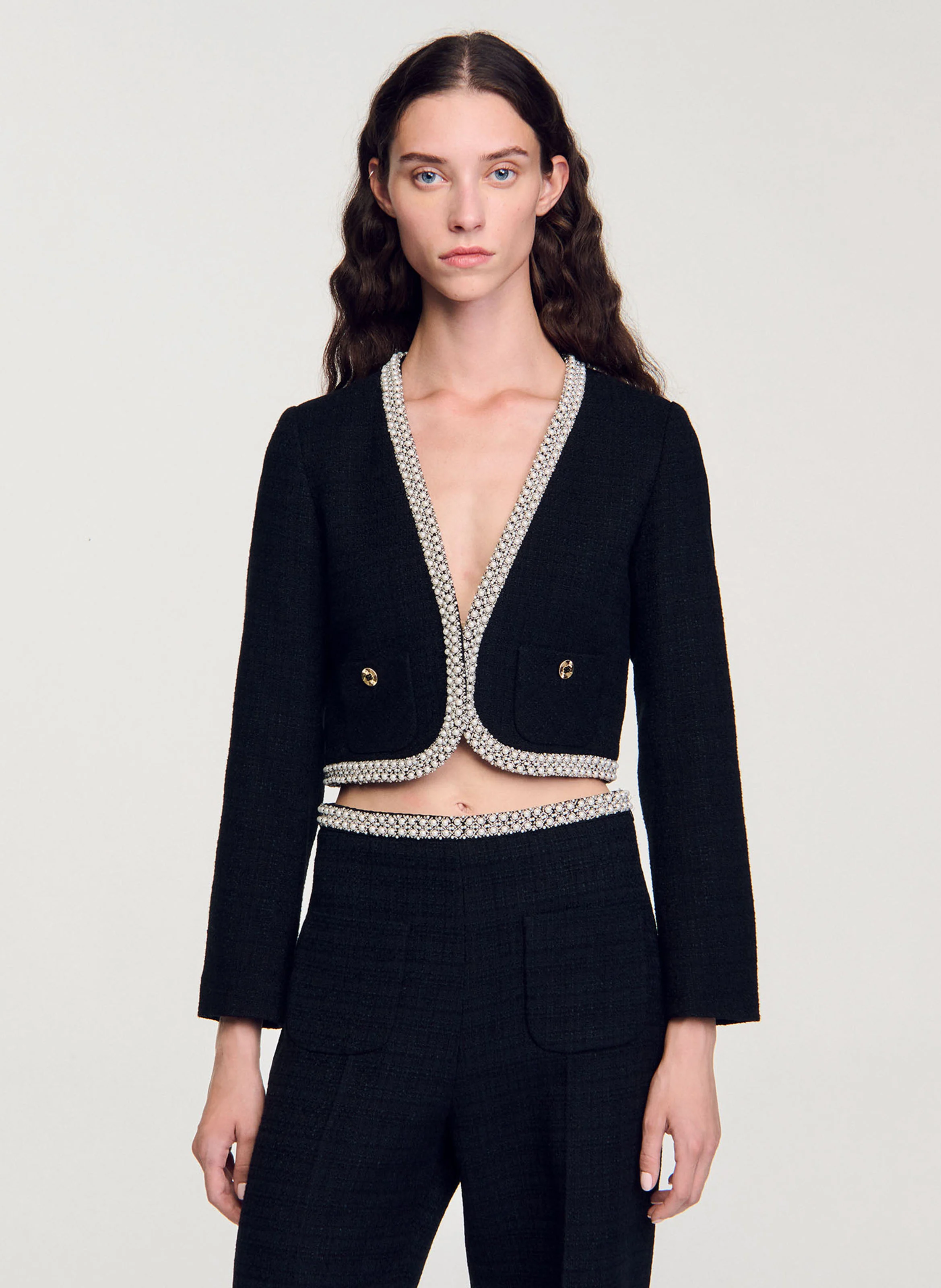Veste courte perlée en tweed | Noir