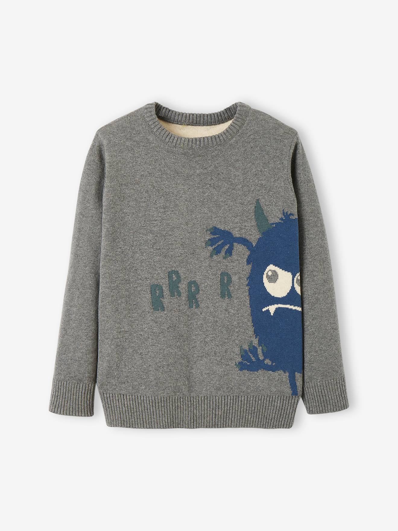 Suéter jacquard com dinossauro, para meninos, azul médio liso com estampas.
