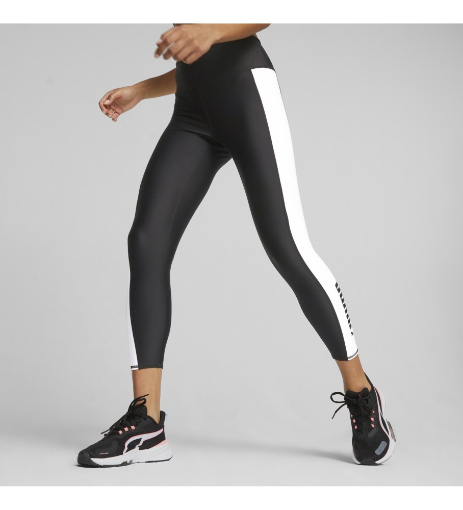 Calça legging de treino Puma Fit de cintura alta, preta e branca.