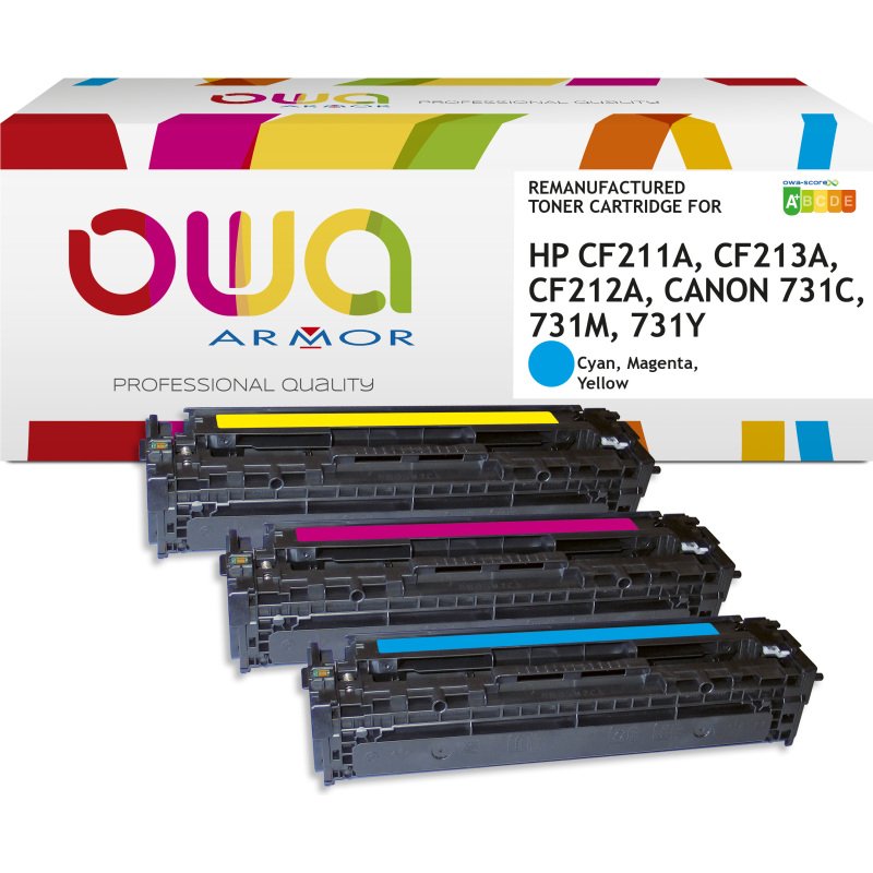 Pack de 3 toners remanufacturés OWA compatible HP 131A couleurs pour imprimante laser