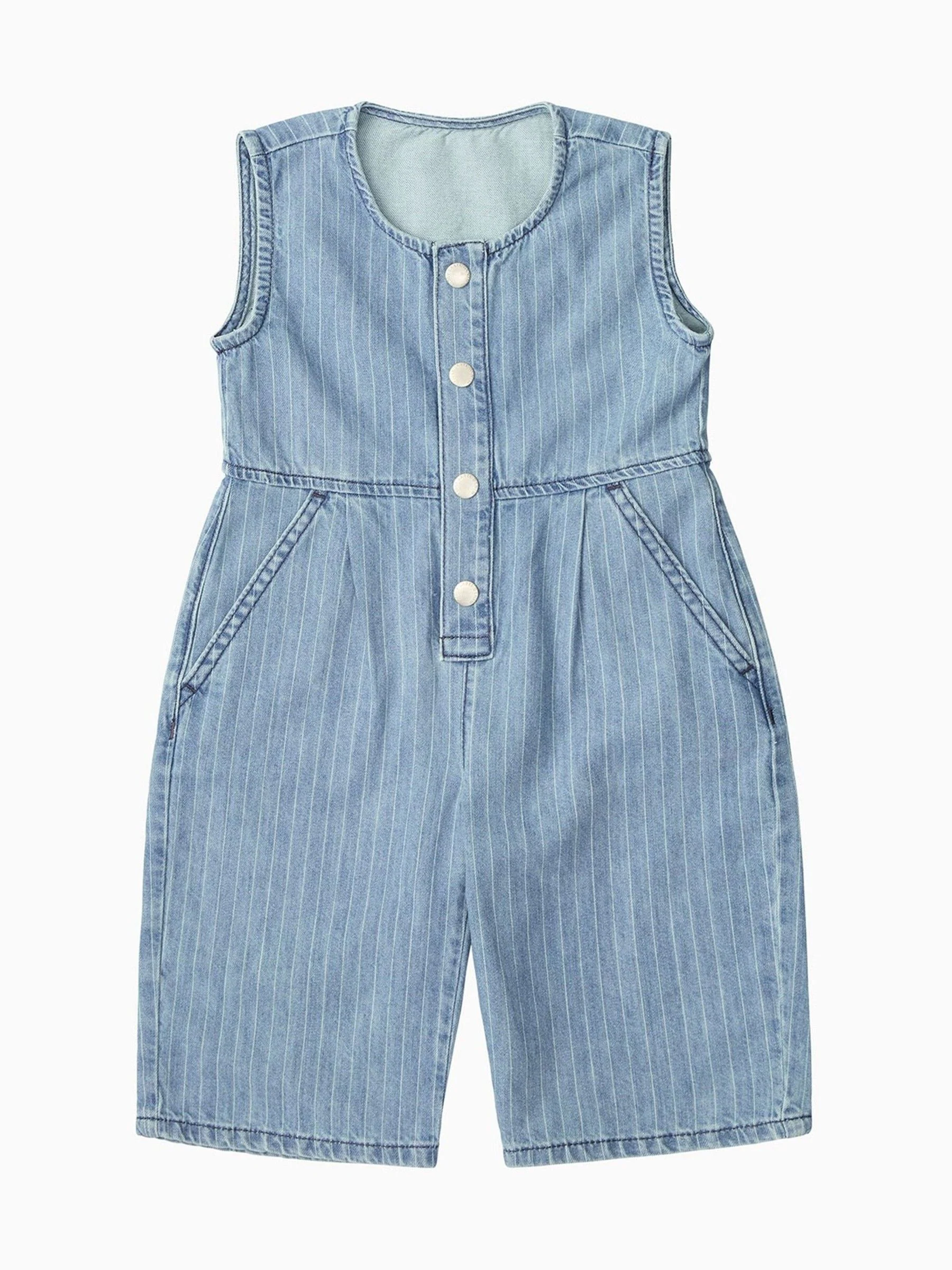 KIDLY BY MORI Blue Denim Pinstripe Sleeveless Jumpsuit Dungarees Set