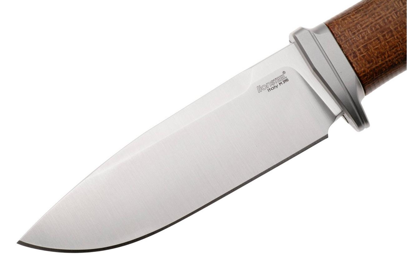 LionSteel Acha AH BLN Satin M390, Natural Burlap Micarta, Titanium Guard, vaststaand mes