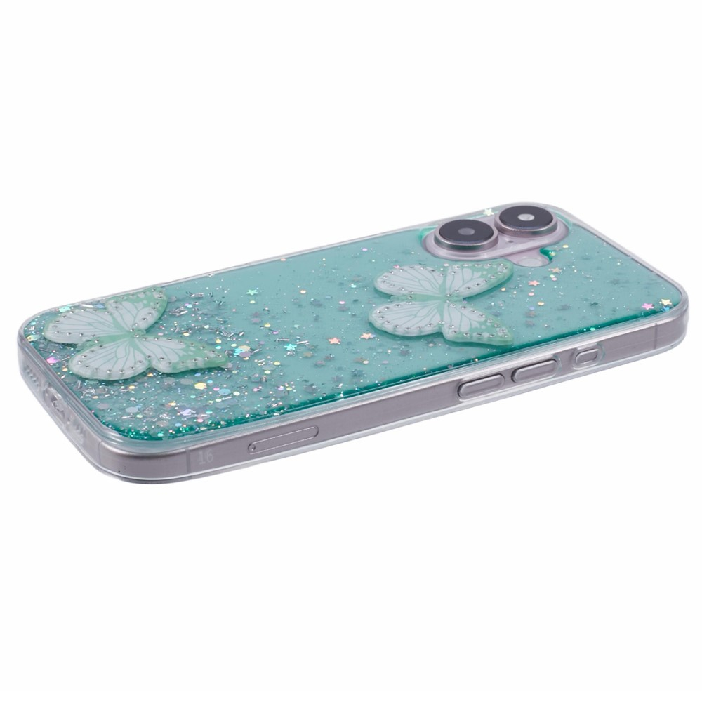 iPhone 16 Hybrid Hardcase Schutzhülle im Glitzer Design Schmetterling - Grün / Transparent