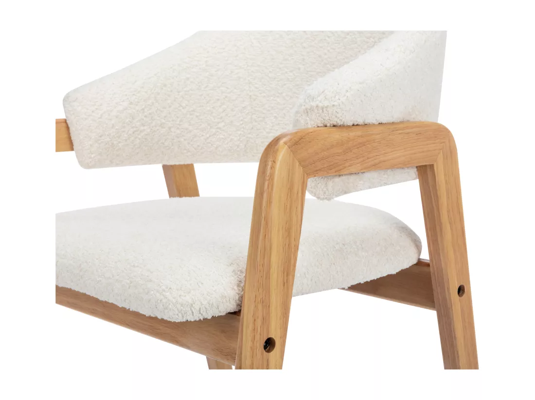 Lot de 6 chaises avec accoudoirs en tissu bouclette et bois d'hévéa - Blanc et naturel - SOLUNA