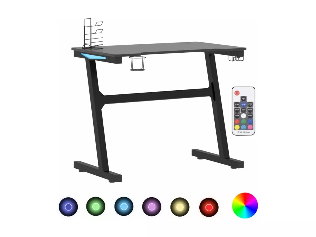 Bureau de jeu à LED avec pieds en forme de Z Noir 90x60x75 cm