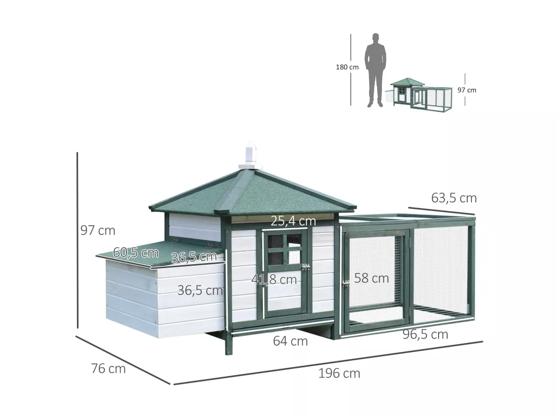 Poulailler cottage multi-équipement perchoir rampe pondoir enclos tiroir à déjection 196L x 76l x 97H cm bois massif pin vert blanc