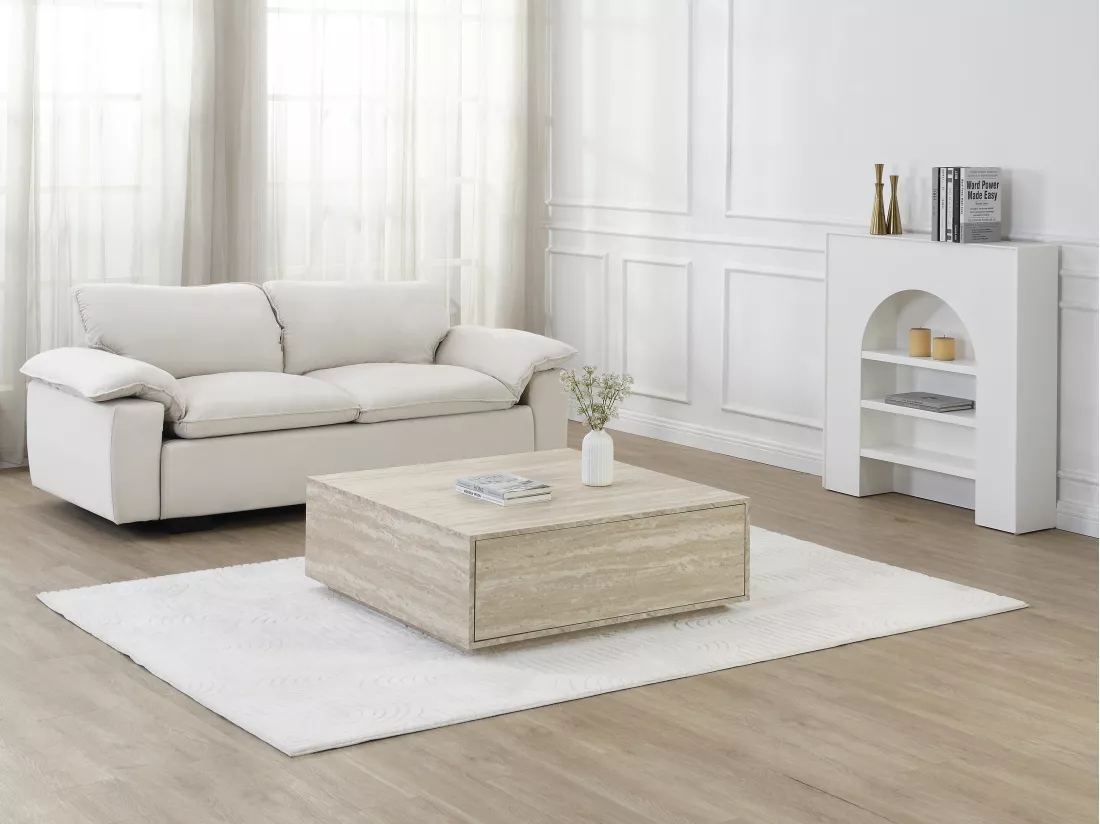Table basse avec 2 tiroirs en MDF - Effet travertin beige - ANTRIM de Pascal Morabito