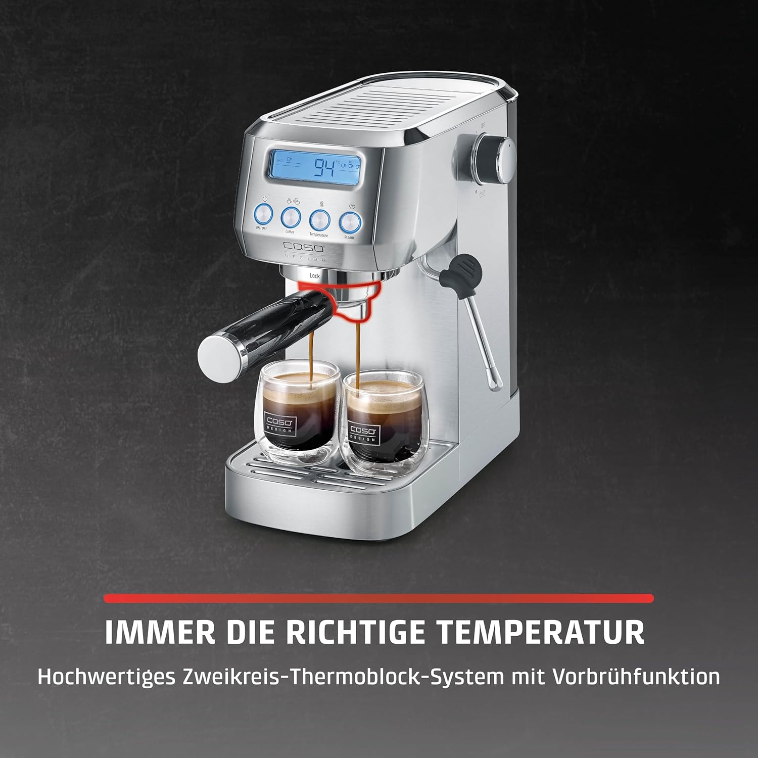 CASO EspressoGourmet Crema - Siebträgermaschine, Espressomaschine, mit Milchaufschäumer, Espresso, Cappuccino, Siebträger aus Edelstahl, 20 bar ULKA-Pumpe, Kaffeemaschine Kaffeepulver, ESE Pads