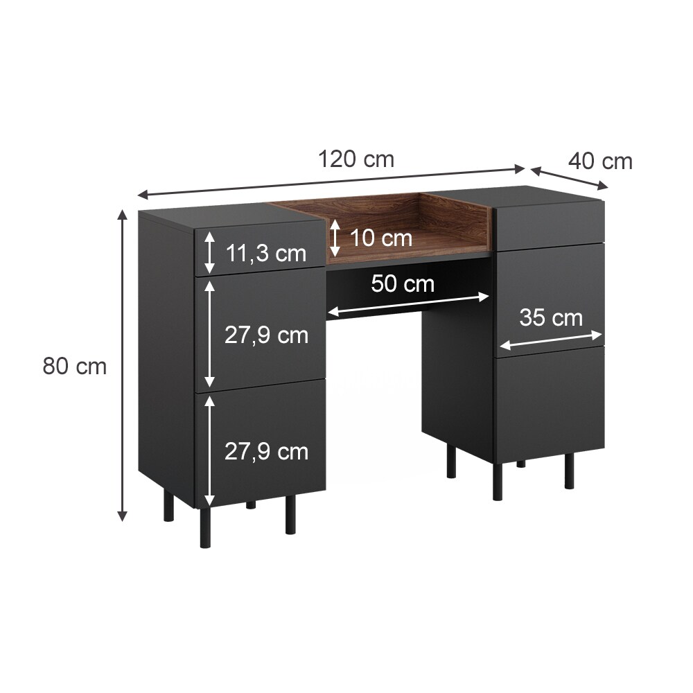 Vicco Schminktisch Anika, 120 x 80 cm, Anthrazit Walnussbraun mit 6 Schubfächer