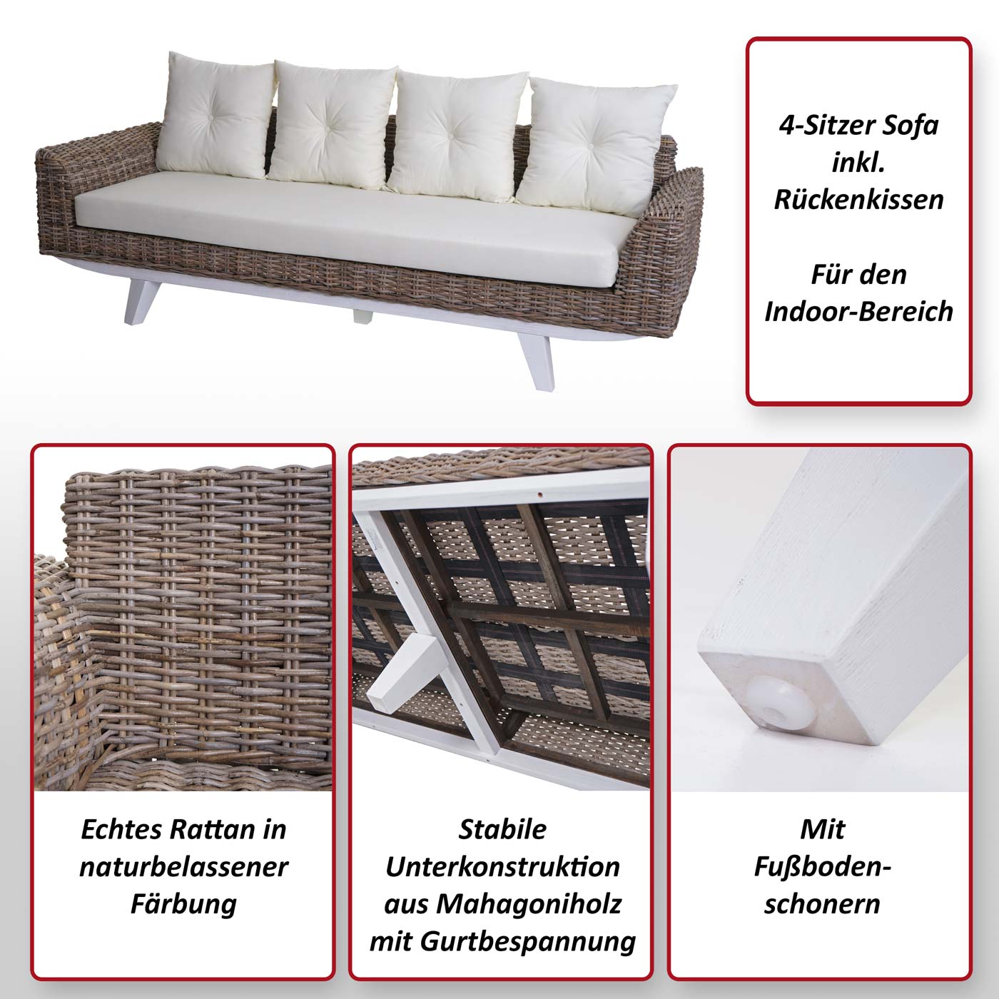 Sofa MCW-M32, 4-Sitzer Couch Rattansofa Loungesofa mit Kissen, 209cm Kubu Rattan natur Stoff/Textil Polster creme
