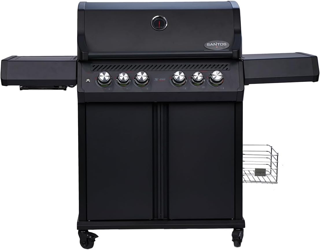 SANTOS S-418 Pro - All Black Edelstahl-Gasgrill - 4 Brenner - Infrarot Seitenbrenner - Heckbrenner - XXL Warmhalterost - Beleuchtung - Top Isolierung