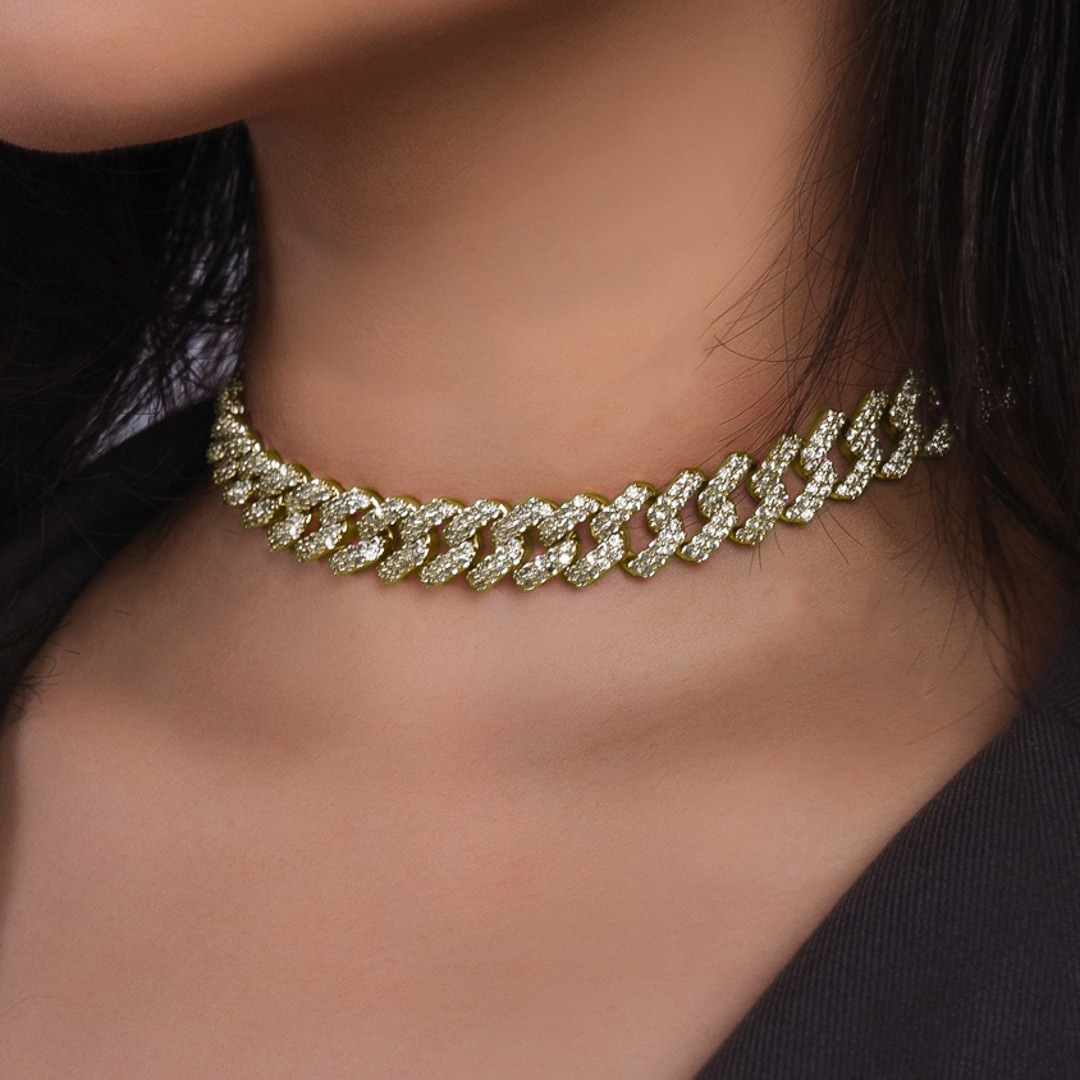 12mm Prong Cuban Link Panzerkette Gelb vergoldet mit Zirkonia