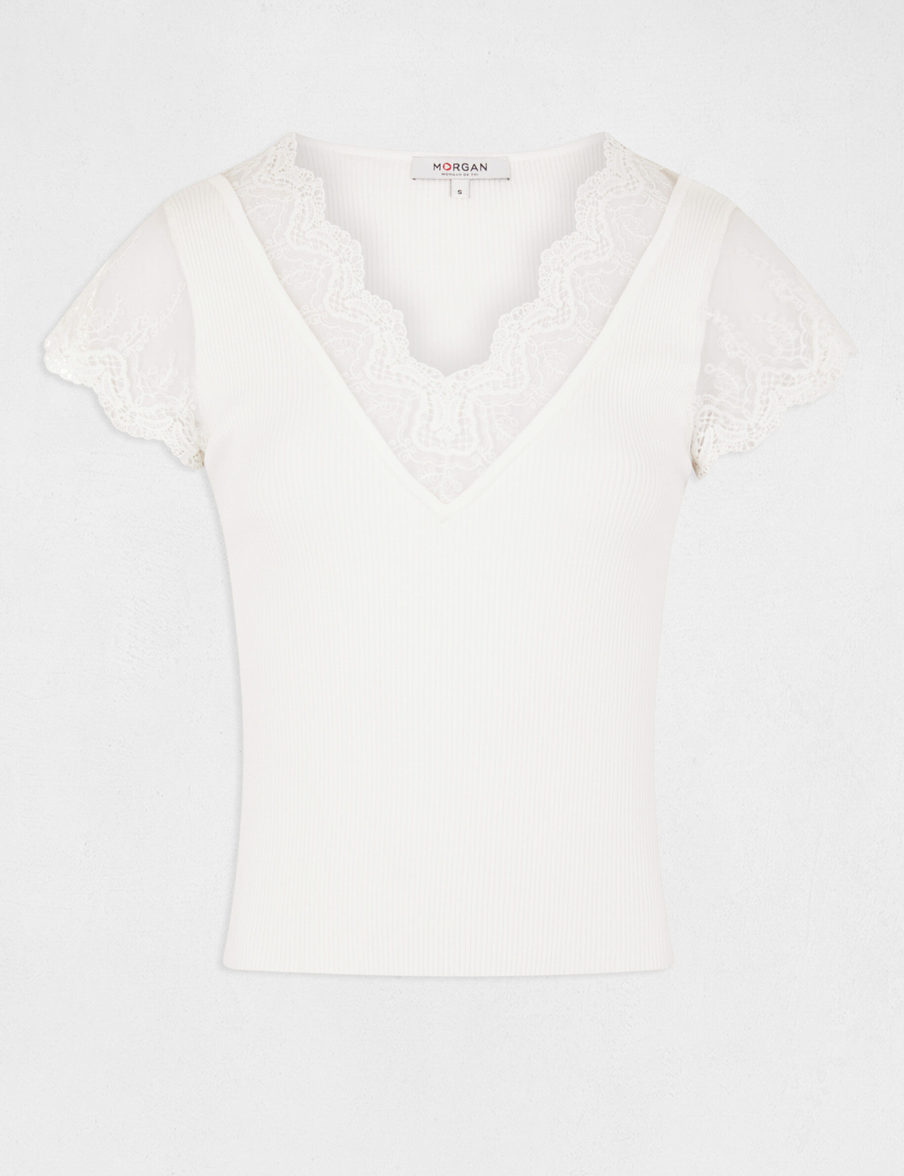 Pull manches courtes à dentelle ecru femme - ecru