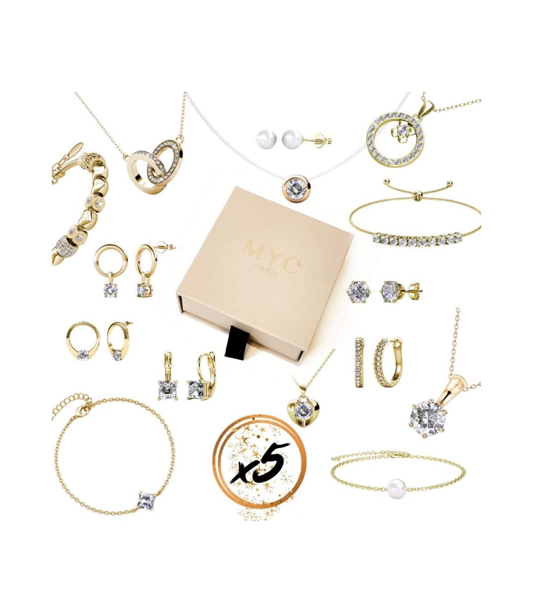 5 bijoux surprises en boite cadeau - Or Rose et Cristal