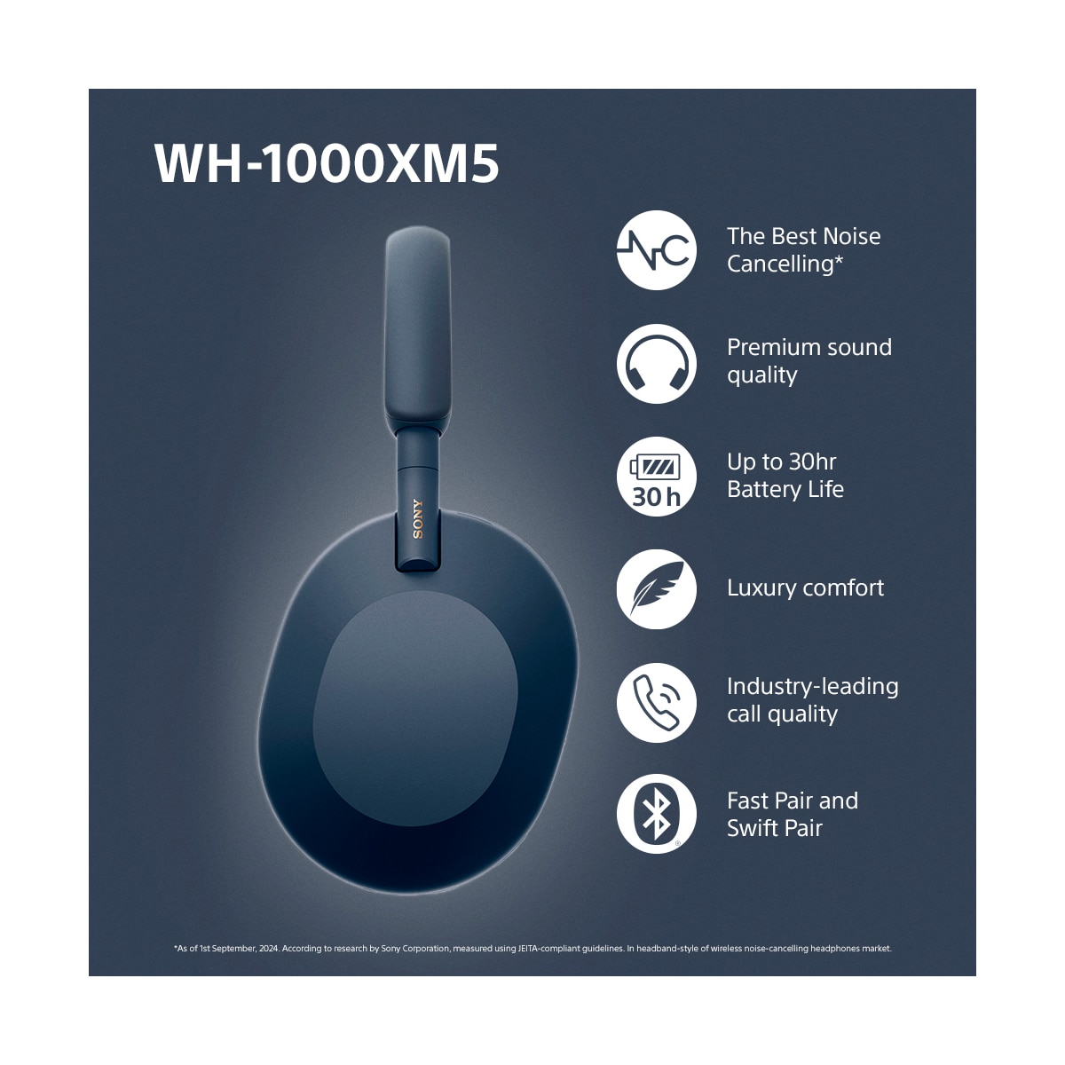 Sony WH-1000XM5 trådløse around-ear hodetelefoner (midnattsblå)
