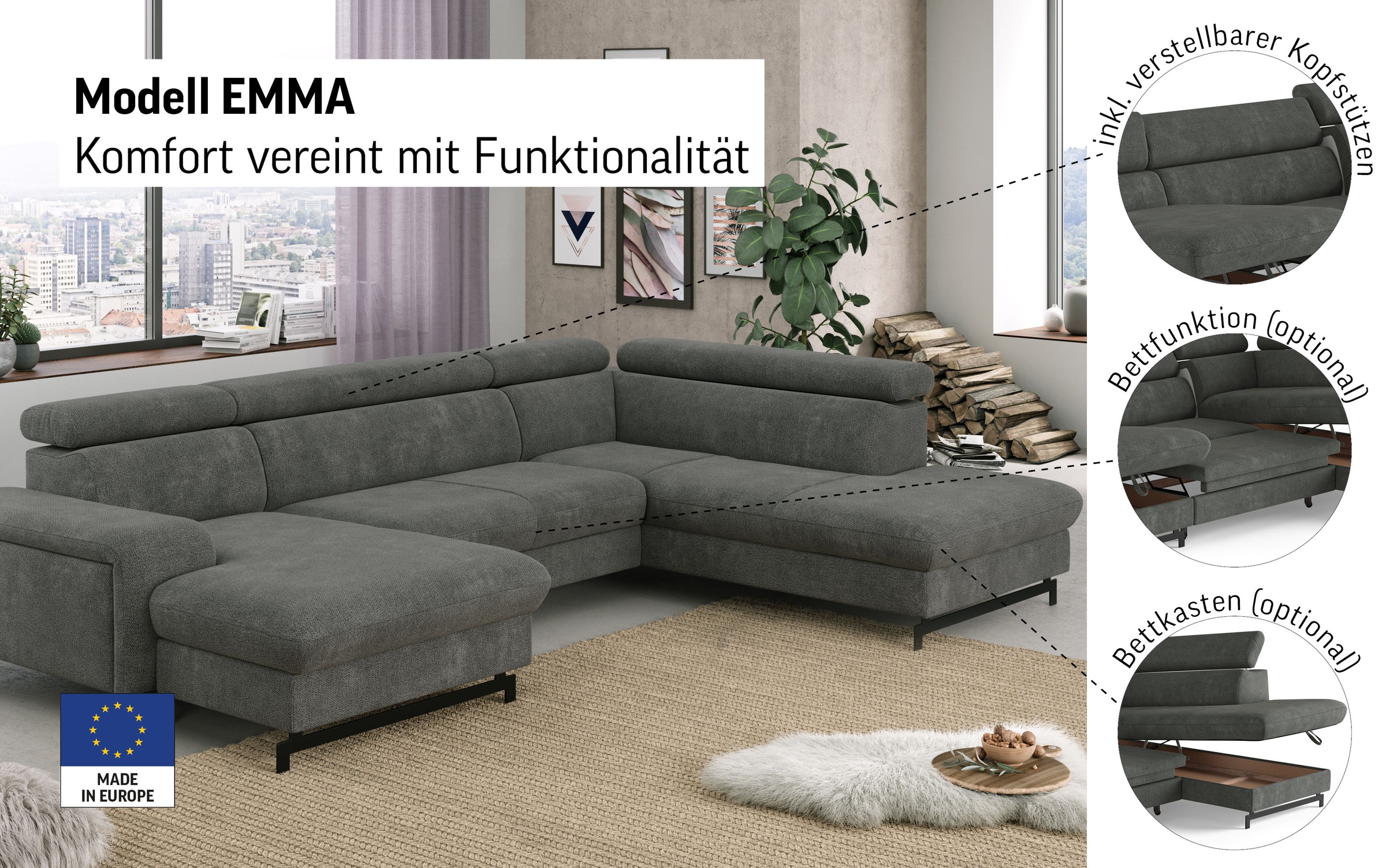 COTTA Wohnlandschaft »Emma U-Form« mit Kopfteilverstellung, wahlweise mit Bettfunktion & Bettkasten
