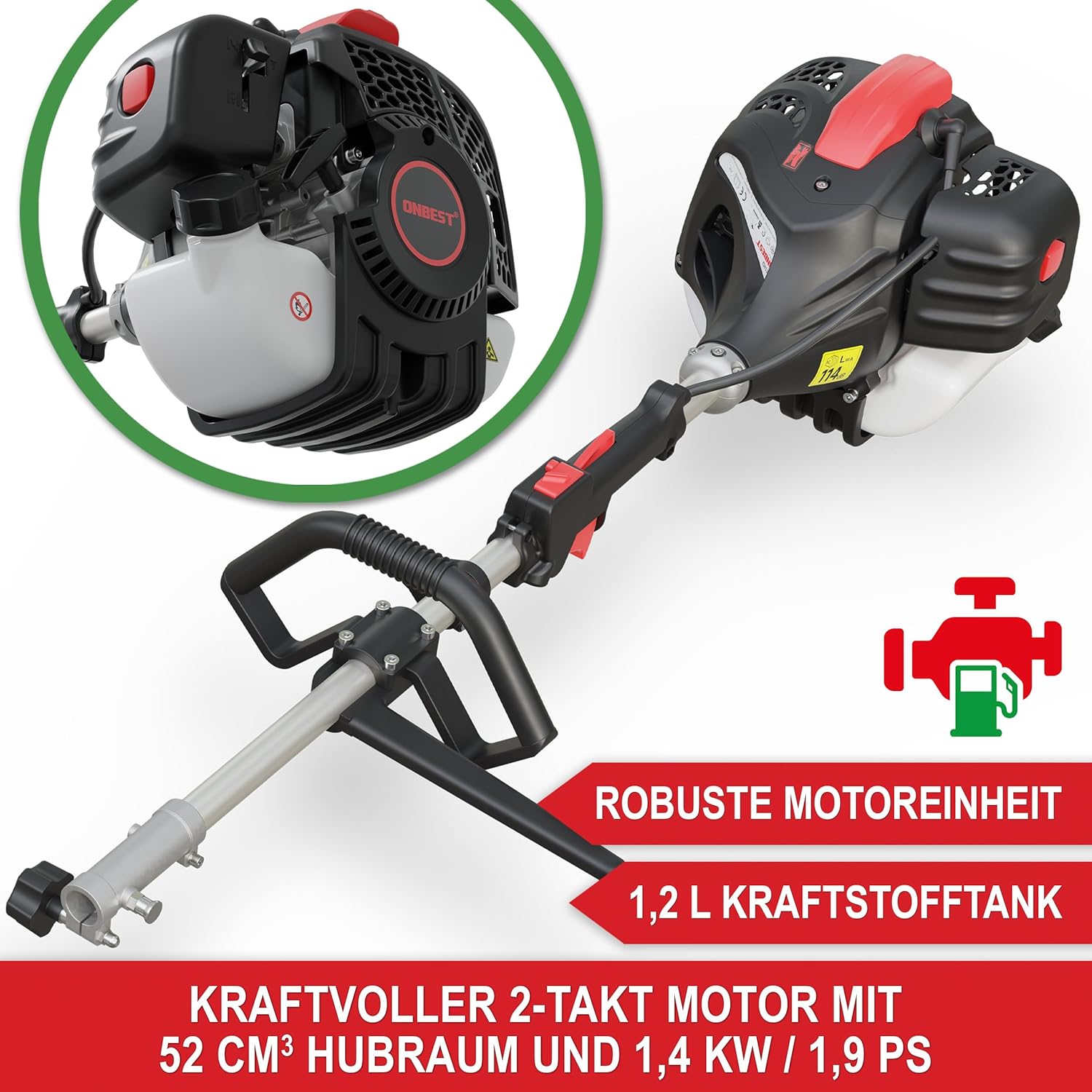 hochwertiges 4 IN 1 Benzin Multifunktionsgerät – Starke 1,9 PS/ 1,4 KW - Freischneider, Rasentrimmer, Heckenschere und Hochentaster in Einem – mit Verlängerung Stange – ergonomischer Tragegurt