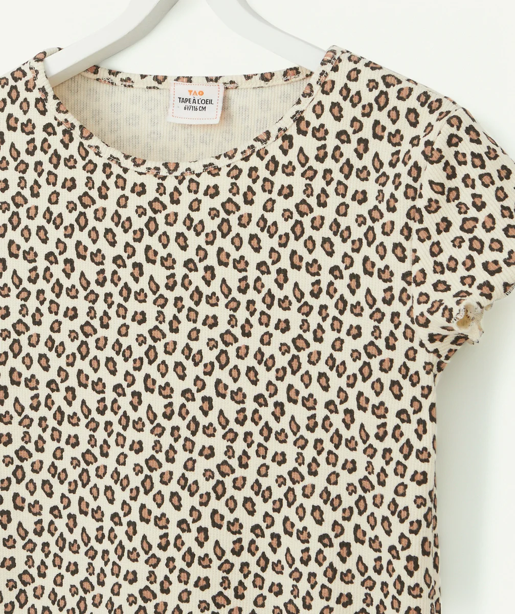 T-SHIRT FILLE EN COTON BIO ET IMPRIMÉ LÉOPARD CÔTELÉ