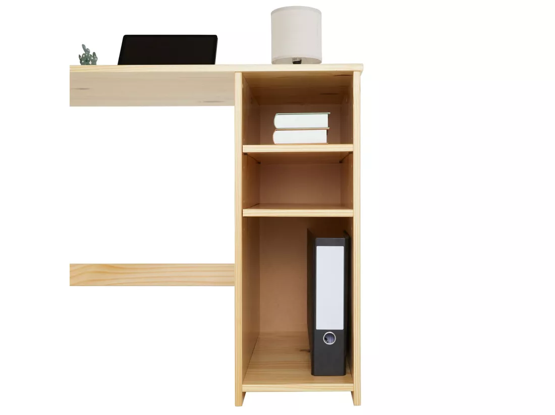 Bureau LIAM avec rangement caisson avec 2 étagères réglables en hauteur, en pin massif recouvetr d'un vernis naturel