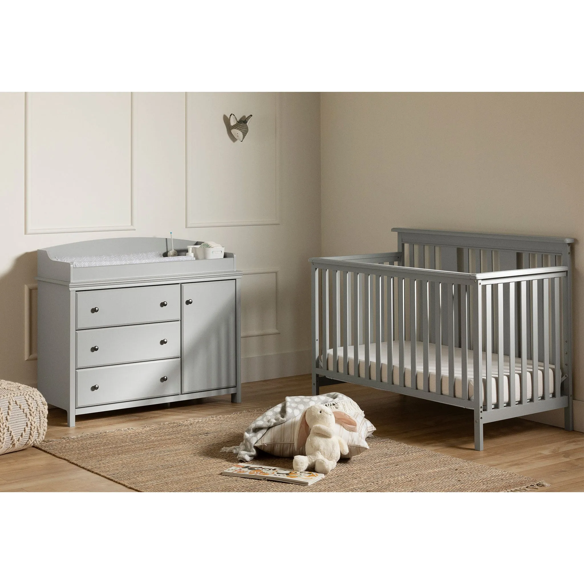 South Shore Ensemble lit de bébé et table à langer avec pourtour amovible - Cotton Candy Gris clair
