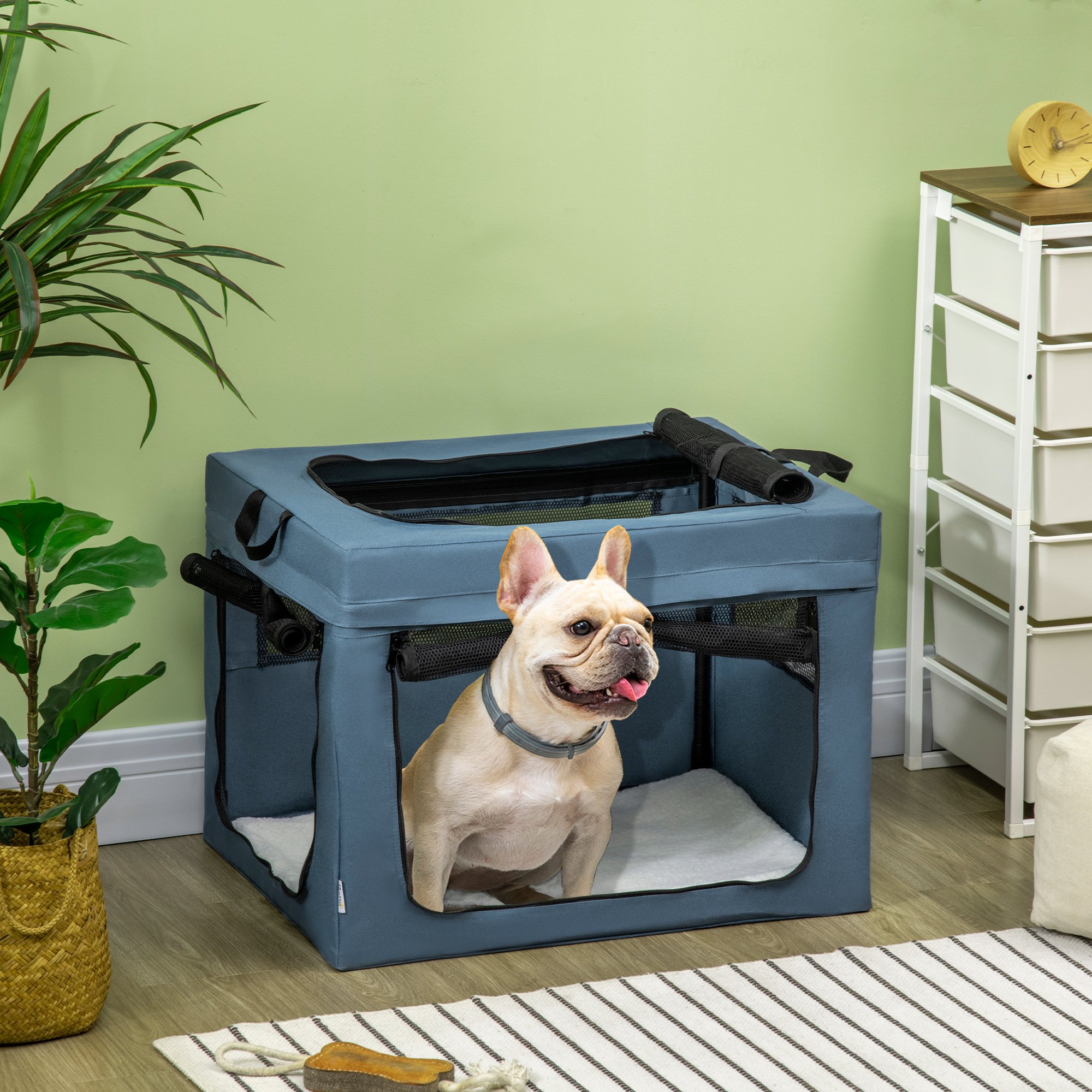 Mochila transportadora PawHut para cães e gatos, com 3 compartimentos e almofada macia, 48,5 x 34 x 34 cm, azul.