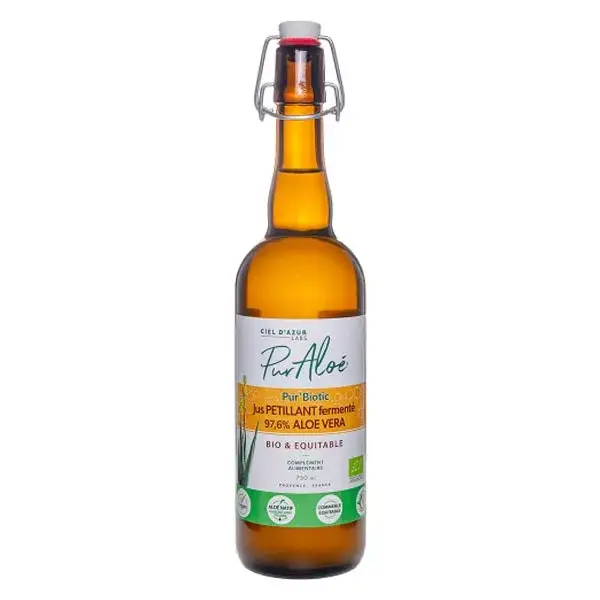 Suco gaseificado fermentado de aloe vera Pur'Biotic, 97,6% de aloe vera orgânica, 700ml