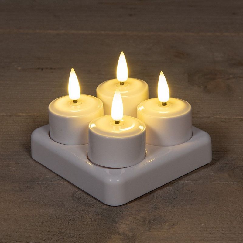 Anna's Collection Oplaadbare LED theelichtjes - 4x st - wit - H5 cm - met oplaadstation