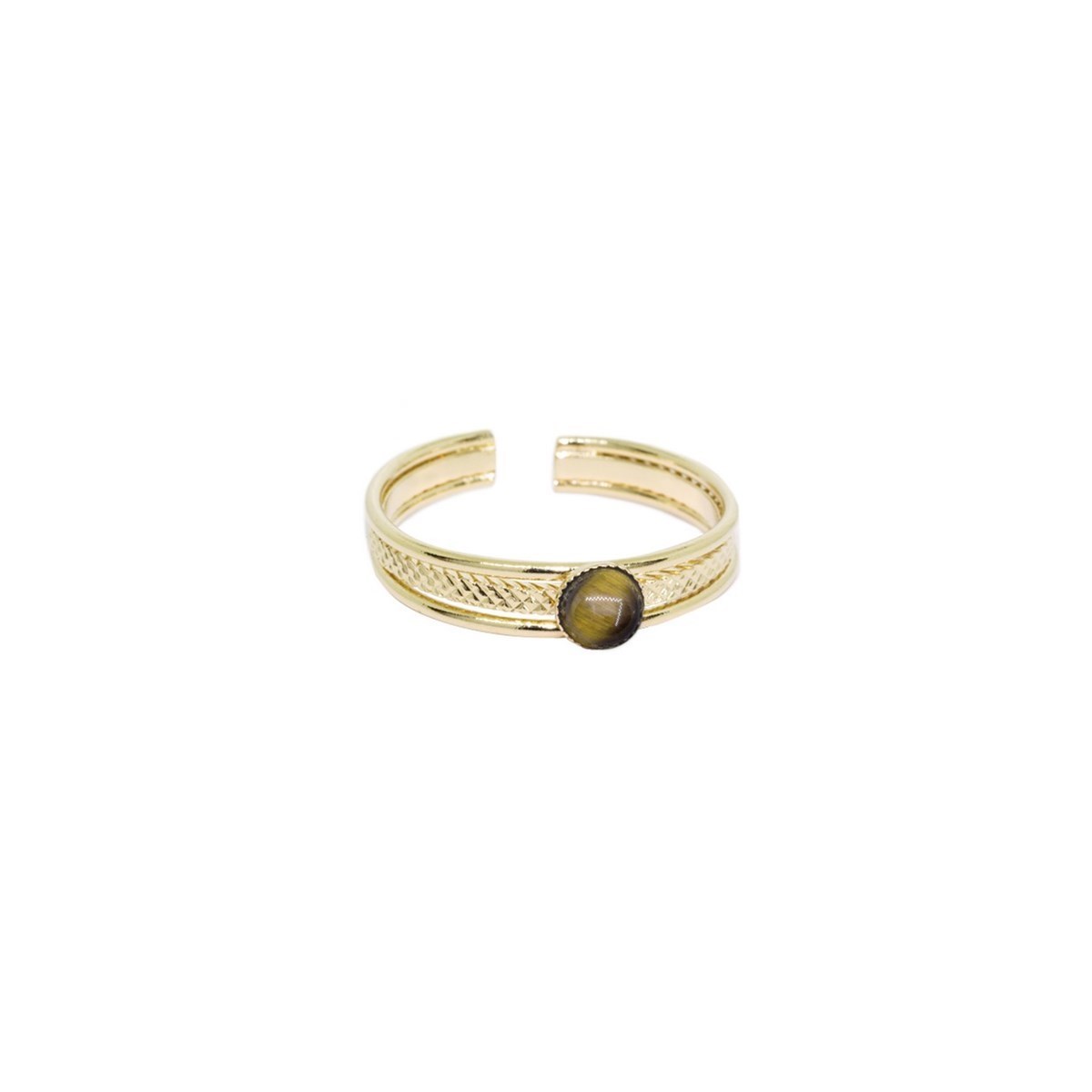 Bague ajustable pierres naturelles Oeil de Tigre raffinée dorée à  l'or fin 24K GAUFREE