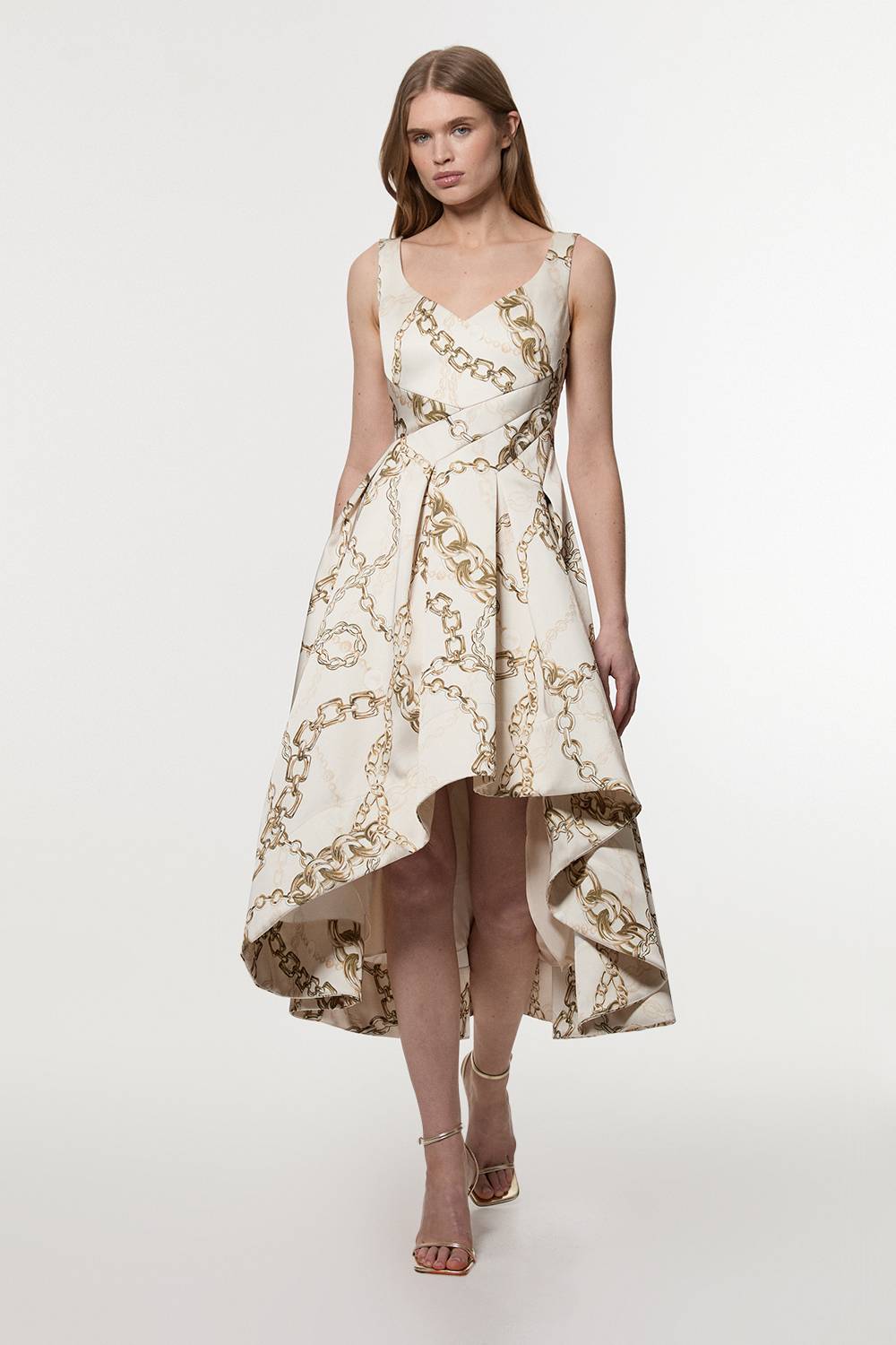 KarenMillen Robe maxi de bal structurée en satin de viscose à imprimé chaîne et coupe ajustée