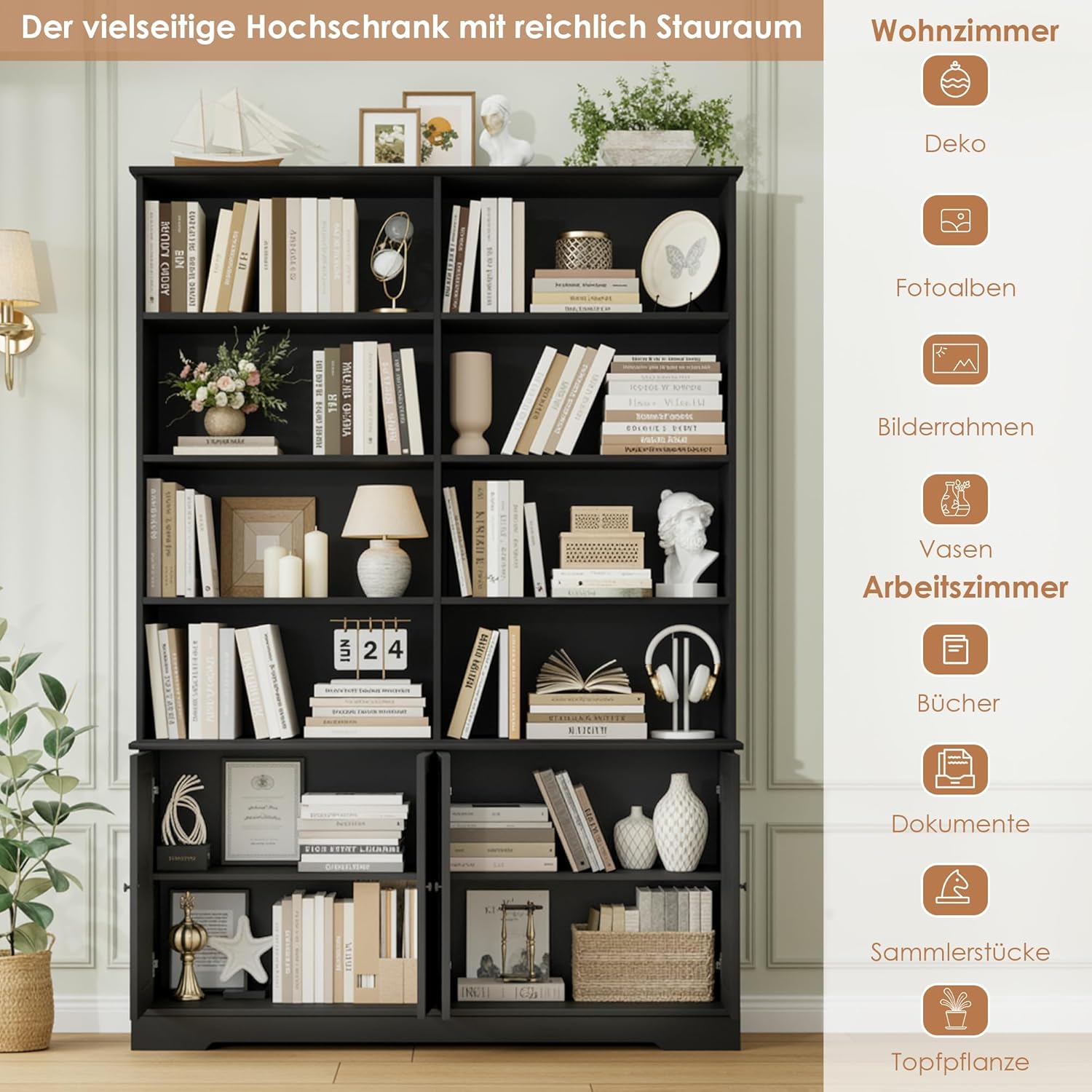 FirFurd 185cm Bücherregal mit Türen Bücherschrank mit 12 Fächern Vitrinenschrank aus Holz Hochschrank Regal mit Türen für Wohnzimmer Arbeitszimmer Büro Küche 185 x 27 x 120cm Schwarz