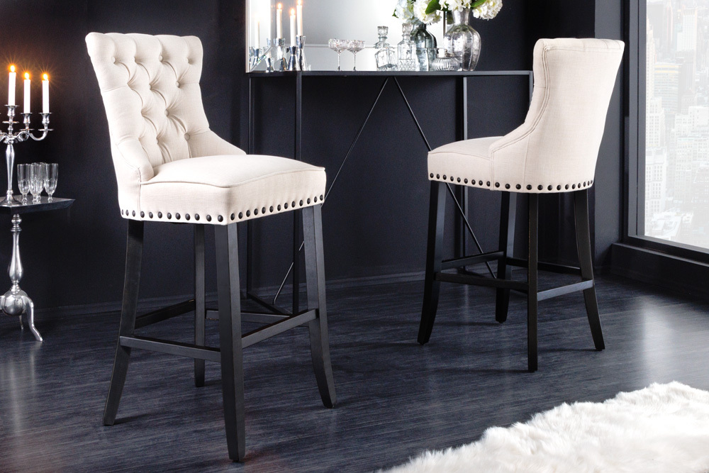 Design Barhocker CASTLE beige schwarz Strukturstoff mit Lehne Holz Chesterfield