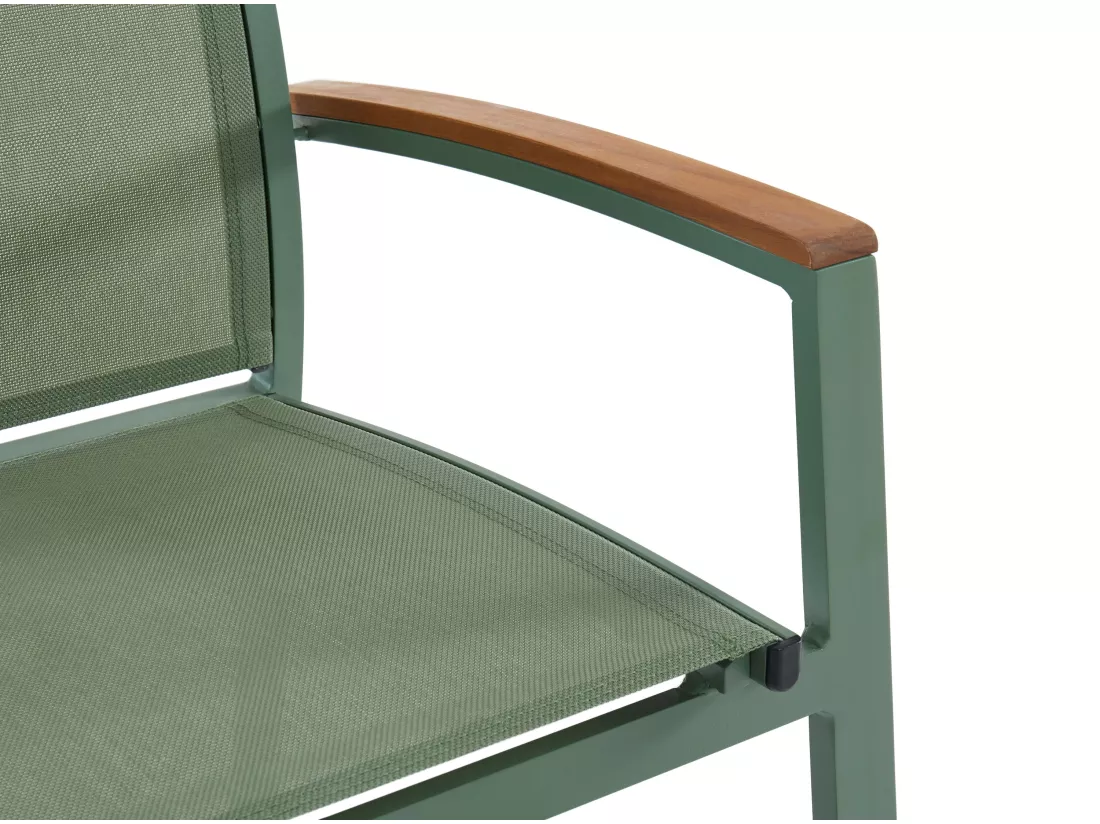 Salle à manger de jardin en aluminium : une table extensible L.180/240cm et 6 fauteuils empilables avec accoudoirs acacia - Vert amande - NAURU de MYLIA