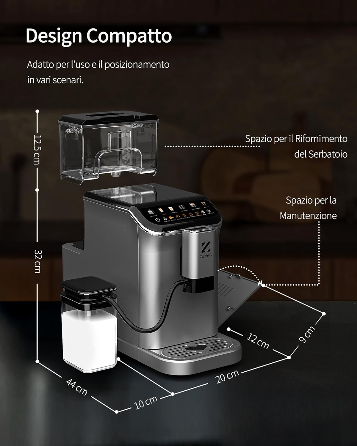 Kaffeevollautomat mit Milchbehälter, 20 Bar, 15-stufiges Mahlwerk, Touchscreen, PID-Temperaturkontrolle, Automatische Reinigung, 5 Getränke auf Knopfdruck – Latte, Cappuccino & mehr,Kompakt