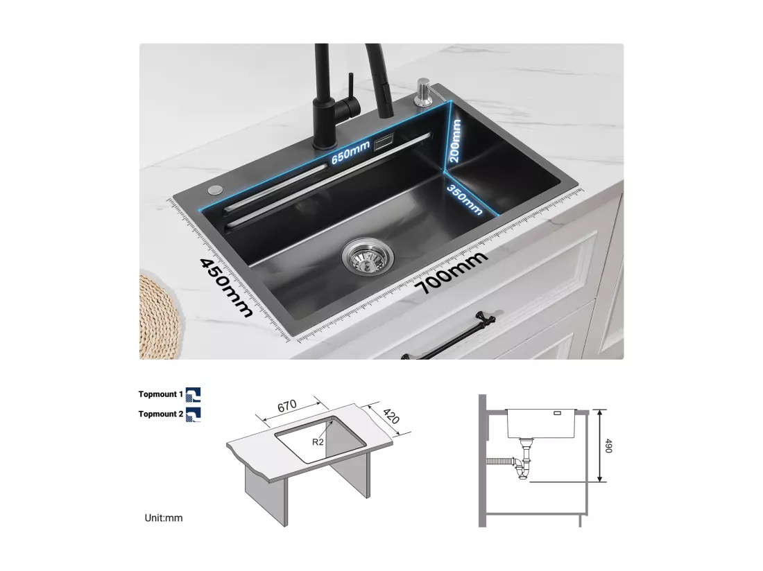 Cecipa max Évier 1 Bac 70×45 CM Noir avec Egouttoir, Vasque et Distributeur de Savon +Mitigeur Cuisine avec Douchette Extractible avec 2 Types de Jet