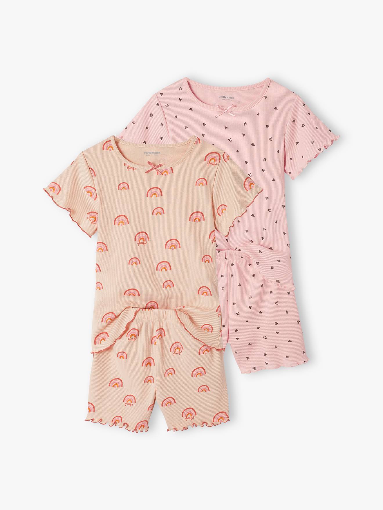 Conjunto de 2 pijamas de malha canelada com shorts para meninas, rosa claro.