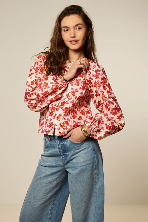 Beige jacquard bloemen top met lange mouwen