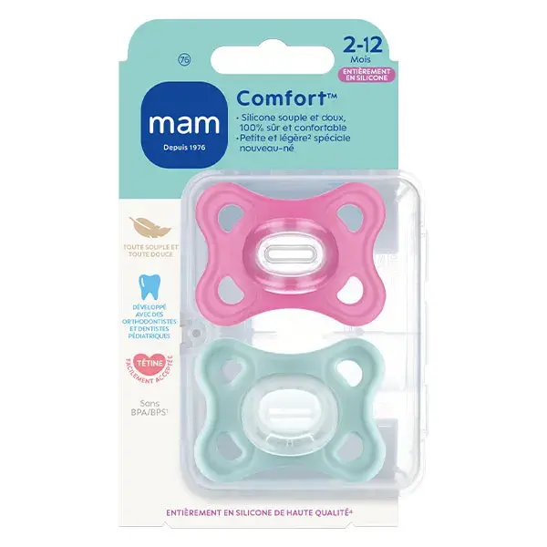 Chupeta Mam Comfort Rosa - 2-6 meses - Silicone - Caixa com 2 unidades